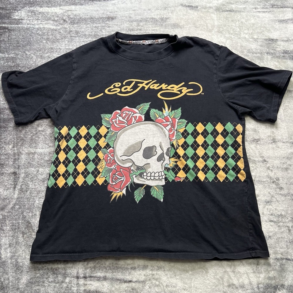 Vintage Y2K Ed Hardy Christian Audigier Shirt Size XL Graphic Skull Checker‎